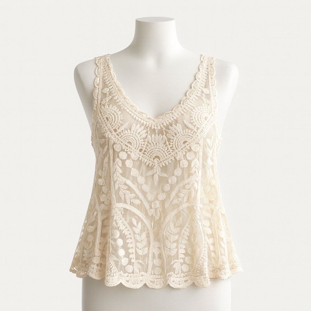 Cream Lace Tank Top Boho Sheer Scalloped Festival Blouse Large